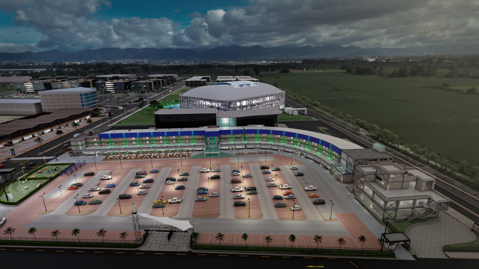 Render nocturno de Sabana Hub en Zona F Park